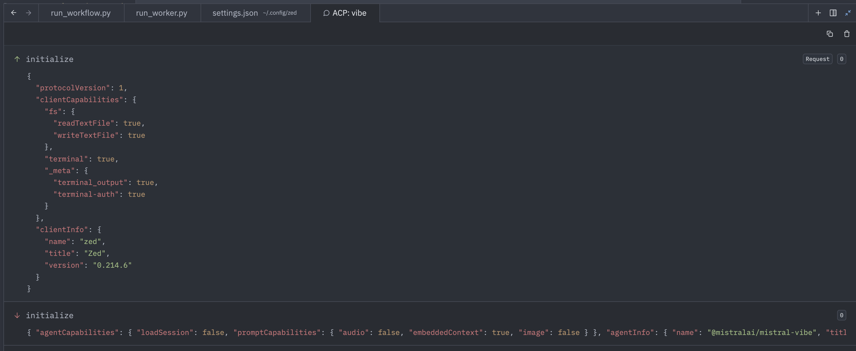 Zed ACP logs for mistral vibe